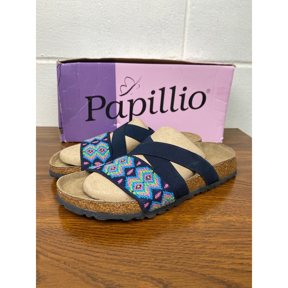 NIB Papillio by Birkenstock Cosma Aztec Dark Blue Slides Sandals‎ Size 36 Narrow